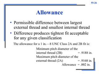 55-26
Allowance
• Permissible difference between largest
external thread and smallest internal thread
• Difference produces tightest fit acceptable
for any given classification
The allowance for a 1 in.—8 UNC Class 2A and 2B fit is:
Minimum pitch diameter of the
internal thread (2B) = .9188 in.
Maximum pitch diameter of the
external thread (2A) = .9168 in.
Allowance = .002 in.
 