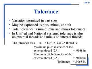 55-27
Tolerance
• Variation permitted in part size
• May be expressed as plus, minus, or both
• Total tolerance is sum of plus and minus tolerances
• In Unified and National systems, tolerance is plus
on external threads and minus on internal threads
Maximum pitch diameter of the
external thread (2A) = .9168 in.
Minimum pitch diameter of the
external thread (2A) = .9100 in.
Tolerance = .0068 in.
The tolerance for a 1 in.—8 UNC Class 2A thread is:
 