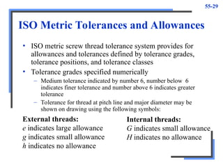 55-29
ISO Metric Tolerances and Allowances
• ISO metric screw thread tolerance system provides for
allowances and tolerances defined by tolerance grades,
tolerance positions, and tolerance classes
• Tolerance grades specified numerically
– Medium tolerance indicated by number 6, number below 6
indicates finer tolerance and number above 6 indicates greater
tolerance
– Tolerance for thread at pitch line and major diameter may be
shown on drawing using the following symbols:
External threads:
e indicates large allowance
g indicates small allowance
h indicates no allowance
Internal threads:
G indicates small allowance
H indicates no allowance
 