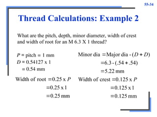 55-34
Thread Calculations: Example 2
P = pitch = 1 mm
D = 0.54127 x 1
= 0.54 mm
What are the pitch, depth, minor diameter, width of crest
and width of root for an M 6.3 X 1 thread?
mm
125
.
0
1
x
125
.
0
x
.125
0
crest
of
Width
mm
22
.
5
.54)
(.54
-
6.3
)
(
-
dia
Major
dia
Minor








P
D
D
mm
25
.
0
1
x
0.25
x
25
.
0
root
of
Width


 P
 