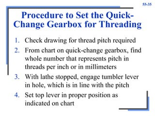 55-35
Procedure to Set the Quick-
Change Gearbox for Threading
1. Check drawing for thread pitch required
2. From chart on quick-change gearbox, find
whole number that represents pitch in
threads per inch or in millimeters
3. With lathe stopped, engage tumbler lever
in hole, which is in line with the pitch
4. Set top lever in proper position as
indicated on chart
 