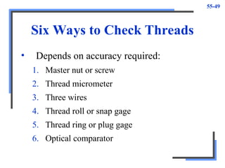 55-49
Six Ways to Check Threads
• Depends on accuracy required:
1. Master nut or screw
2. Thread micrometer
3. Three wires
4. Thread roll or snap gage
5. Thread ring or plug gage
6. Optical comparator
 