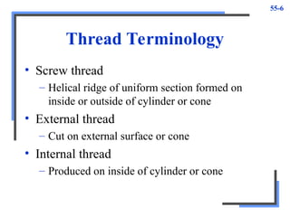 55-6
Thread Terminology
• Screw thread
– Helical ridge of uniform section formed on
inside or outside of cylinder or cone
• External thread
– Cut on external surface or cone
• Internal thread
– Produced on inside of cylinder or cone
 