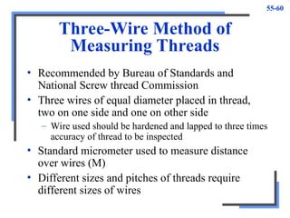 55-60
Three-Wire Method of
Measuring Threads
• Recommended by Bureau of Standards and
National Screw thread Commission
• Three wires of equal diameter placed in thread,
two on one side and one on other side
– Wire used should be hardened and lapped to three times
accuracy of thread to be inspected
• Standard micrometer used to measure distance
over wires (M)
• Different sizes and pitches of threads require
different sizes of wires
 