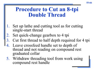 55-66
Procedure to Cut an 8-tpi
Double Thread
1. Set up lathe and cutting tool as for cutting
single-start thread
2. Set quick-change gearbox to 4 tpi
3. Cut first thread to half depth required for 4 tpi
4. Leave crossfeed handle set to depth of
thread and not reading on compound rest
graduated collar
5. Withdraw threading tool from work using
compound rest handle
 
