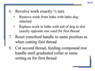 55-67
6. Revolve work exactly ½ turn
• Remove work from lathe with lathe dog
attached
• Replace work in lathe with tail of dog in slot
exactly opposite one used for first thread
7. Reset crossfeed handle to same position as
when cutting first thread
8. Cut second thread, feeding compound rest
handle until graduated collar at same
setting as for first thread
 