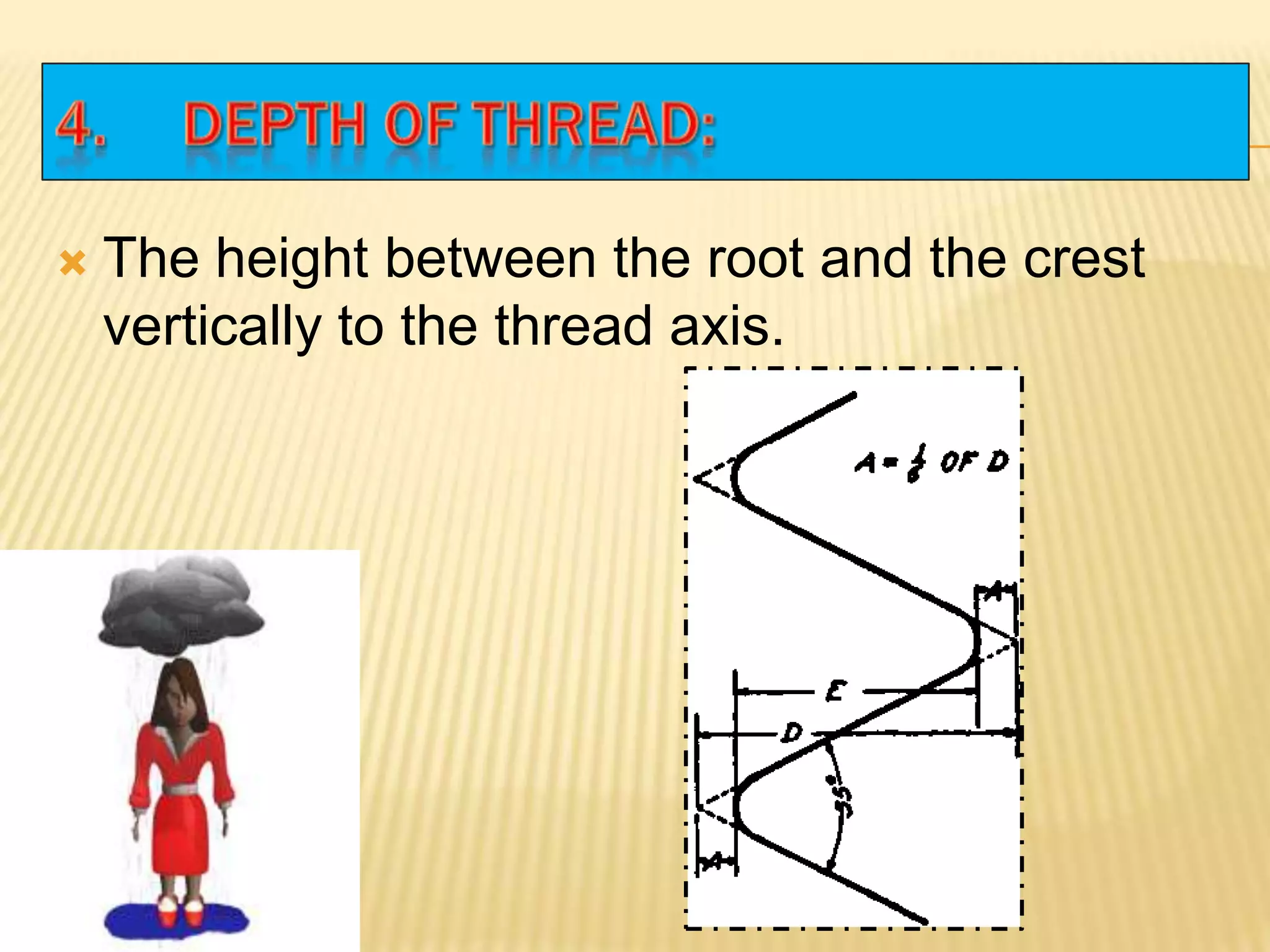  The height between the root and the crest
vertically to the thread axis.
 