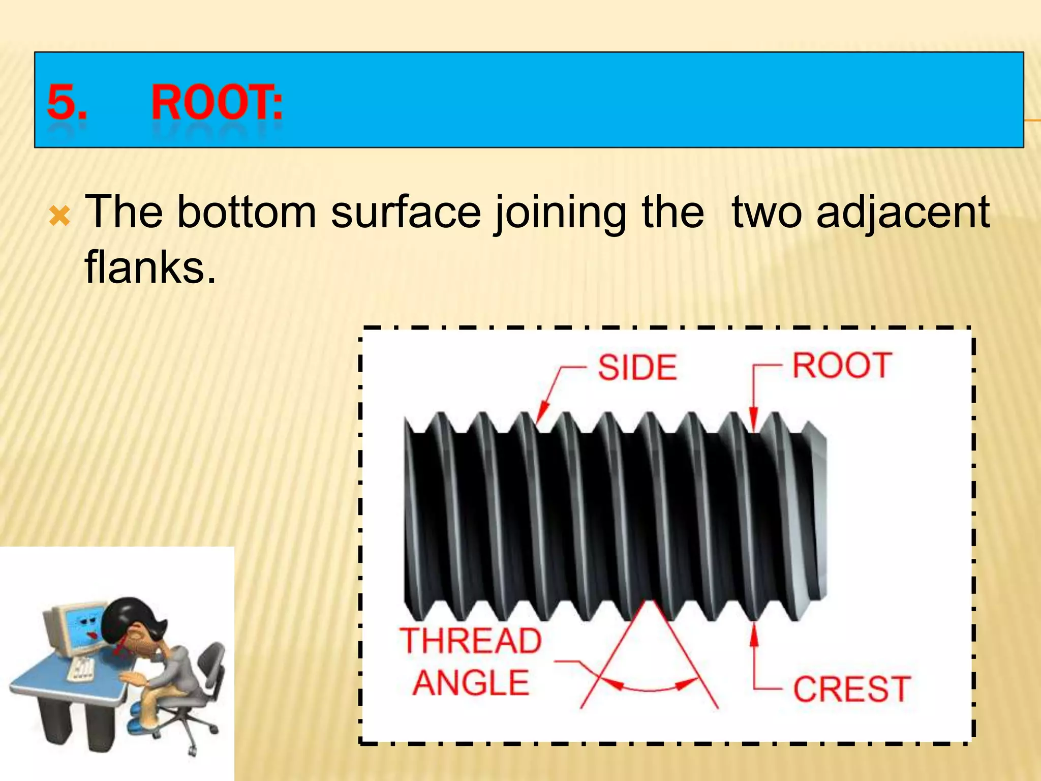  The bottom surface joining the two adjacent
flanks.
 