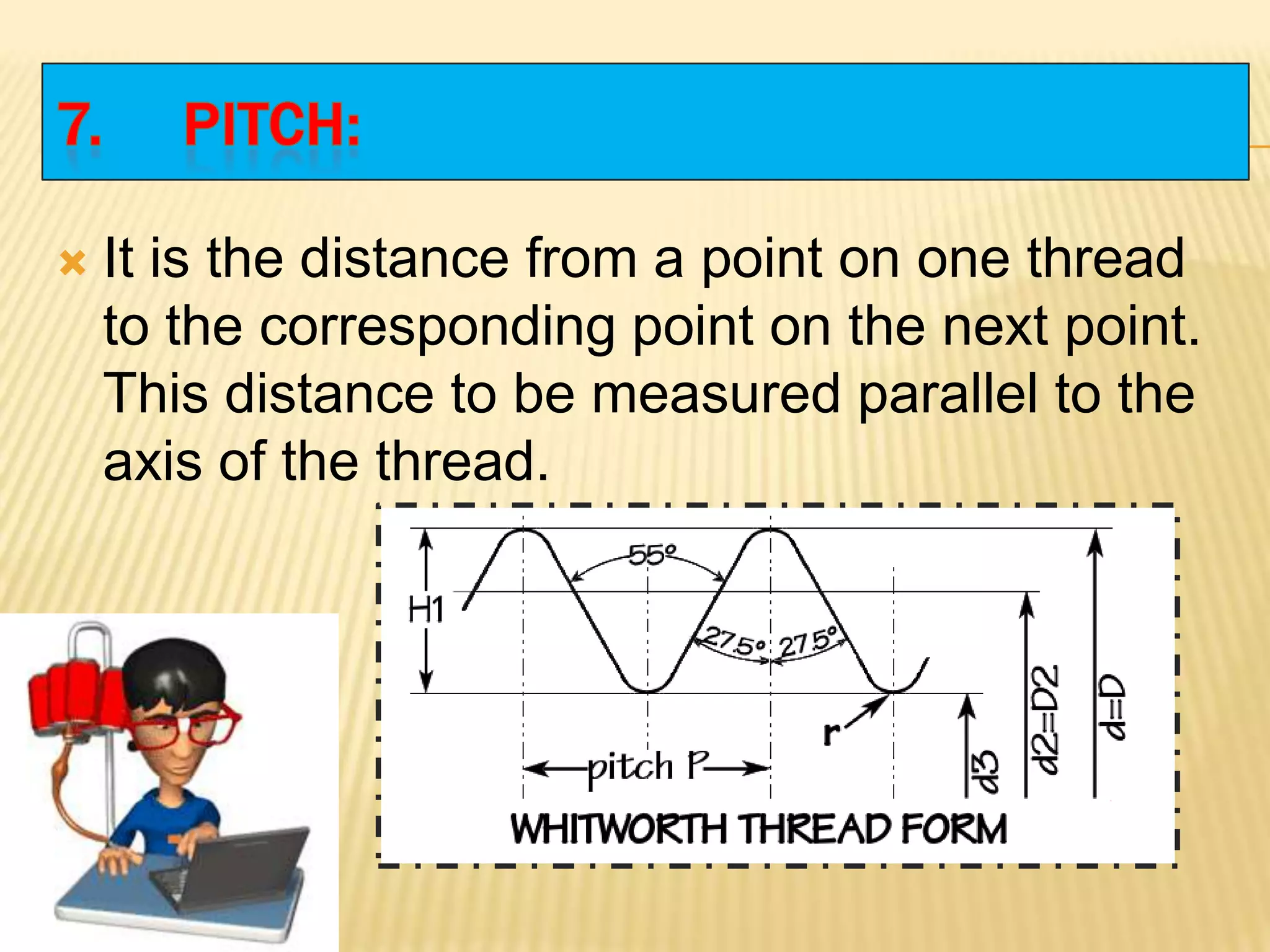 It is the distance from a point on one thread
to the corresponding point on the next point.
This distance to be measured parallel to the
axis of the thread.
 