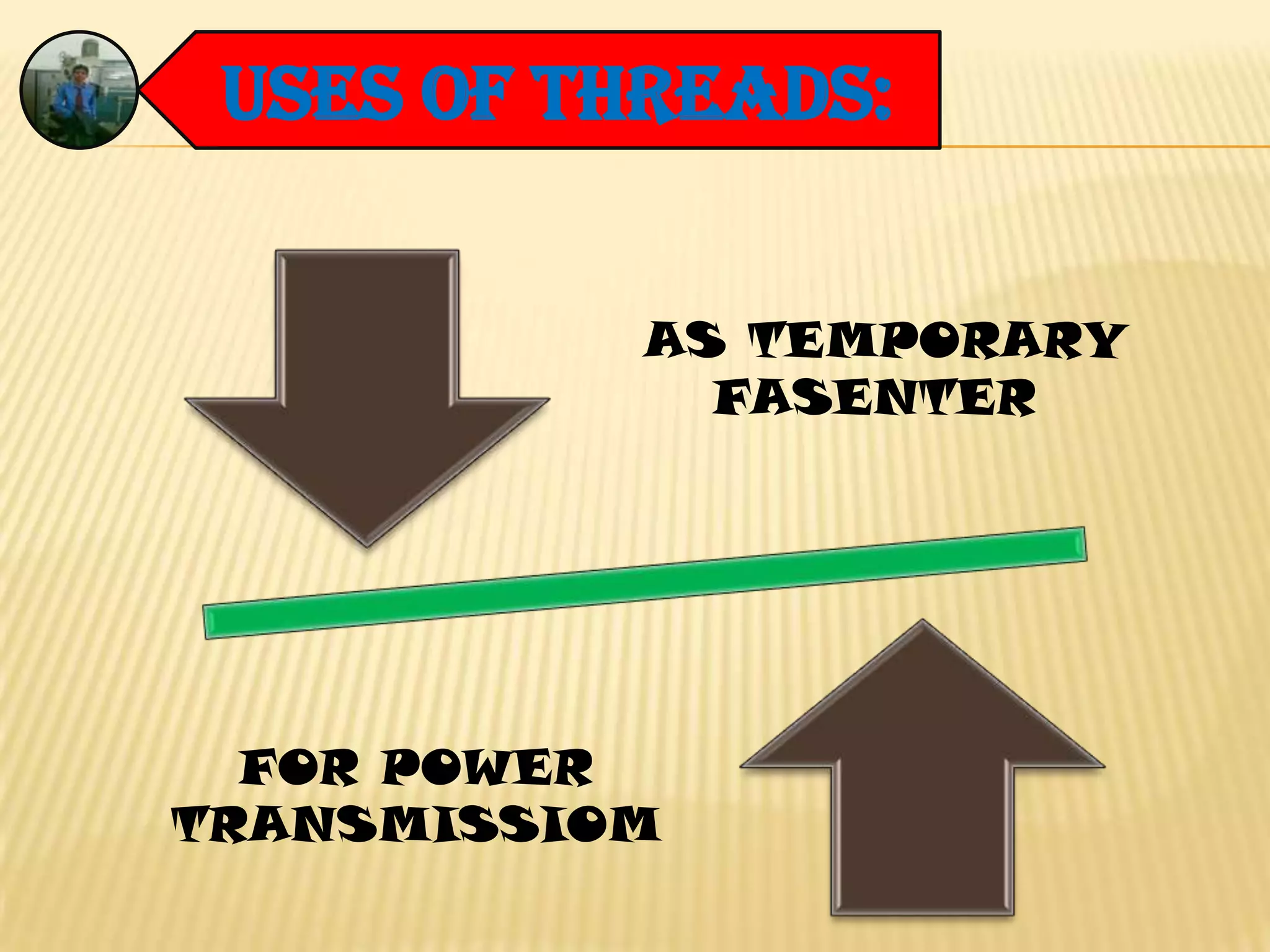 Uses of threads:
AS TEMPORARY
FASENTER
FOR POWER
TRANSMISSIOM
 