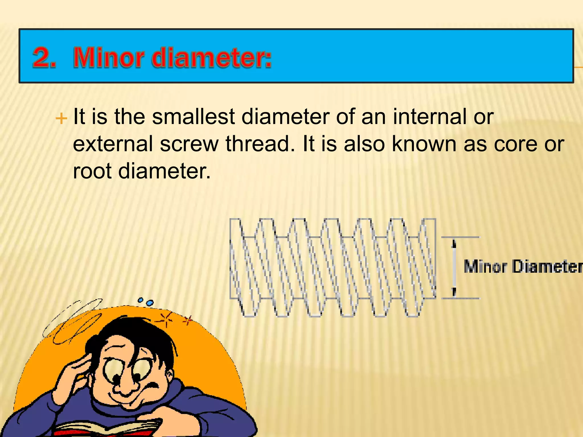  It is the smallest diameter of an internal or
external screw thread. It is also known as core or
root diameter.
 