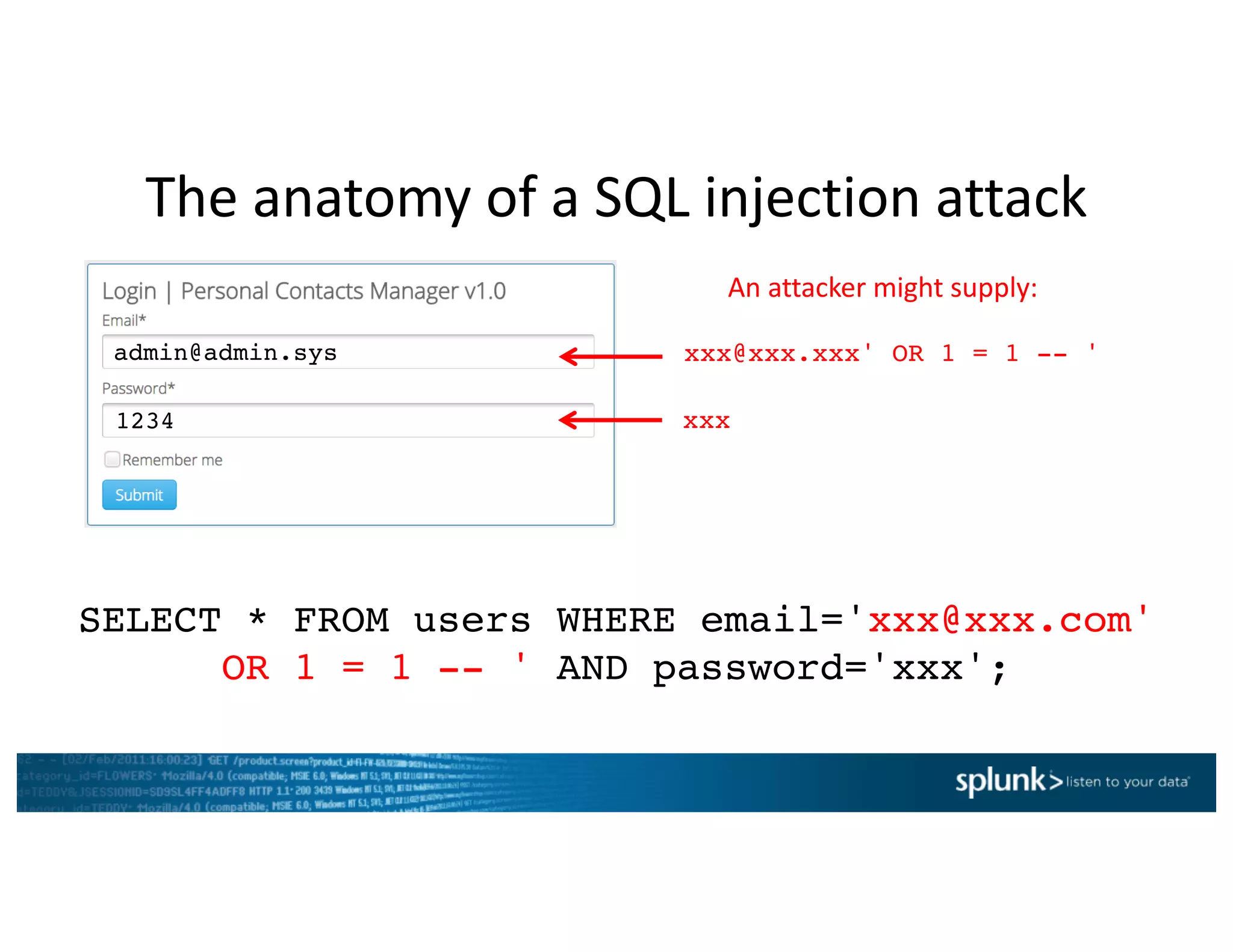 The	anatomy	of	a	SQL	injection	attack
SELECT * FROM users WHERE email='xxx@xxx.com'
OR 1 = 1 -- ' AND password='xxx';
xxx@xxx.xxx' OR 1 = 1 -- '
xxx
admin@admin.sys
1234
An	attacker	might	supply:
 