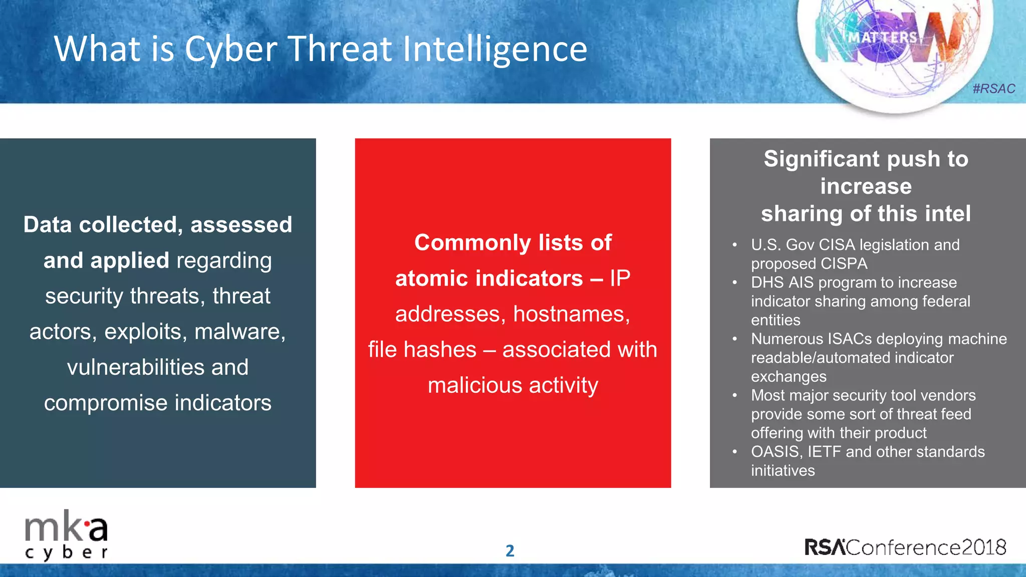 #RSAC
What is Cyber Threat Intelligence
2
Data collected, assessed
and applied regarding
security threats, threat
actors, exploits, malware,
vulnerabilities and
compromise indicators
Commonly lists of
atomic indicators – IP
addresses, hostnames,
file hashes – associated with
malicious activity
Significant push to
increase
sharing of this intel
• U.S. Gov CISA legislation and
proposed CISPA
• DHS AIS program to increase
indicator sharing among federal
entities
• Numerous ISACs deploying machine
readable/automated indicator
exchanges
• Most major security tool vendors
provide some sort of threat feed
offering with their product
• OASIS, IETF and other standards
initiatives
 