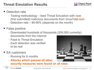 Threat Emulation Results
 Detection rate
– Testing methodology – feed Threat Emulation with new
(first submitted) malicious documents from VirusTotal.com
– Detection rate – 80-90% (depends on the month)

 False positive
– Downloaded hundreds of thousands (250,000 currently)
documents from the internet
– Feed to Threat Emulation
– Each detection was verified
to be real

 EA customers
– Running for 6 months
– Attacks which passed all other
security measures were found on all sites
[Protected] For public distribution

©2013 Check Point Software Technologies Ltd.

31

 