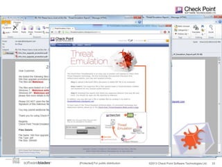 Anyone can submit files for

THREAT EMULATION

threats@threats.checkpoint.com

threatemulation.checkpoint.com

[Protected] For public distribution

©2013 Check Point Software Technologies Ltd.

33

 