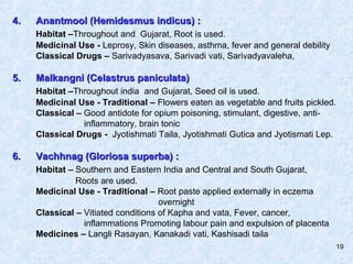 19
4.4. Anantmool (Hemidesmus indicus) :Anantmool (Hemidesmus indicus) :
Habitat –Throughout and Gujarat, Root is used.
Me...