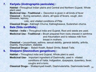 24
7.7. Kariyatu (Andrographis paniculata) :Kariyatu (Andrographis paniculata) :
Habitat –Throughout Indian plains and Cen...