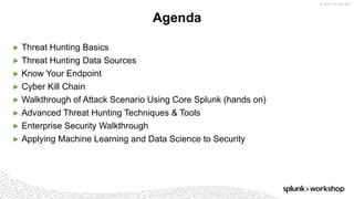 ©	2017	SPLUNK	INC.
▶ Threat Hunting Basics
▶ Threat Hunting Data Sources
▶ Know Your Endpoint
▶ Cyber Kill Chain
▶ Walkthrough of Attack Scenario Using Core Splunk (hands on)
▶ Advanced Threat Hunting Techniques & Tools
▶ Enterprise Security Walkthrough
▶ Applying Machine Learning and Data Science to Security
Agenda
 