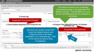 ©	2017	SPLUNK	INC.
The Parent Process of our suspected
downloader/dropper is the legitimate PDF
Reader program. This will likely turn out to
be the vulnerable app that was exploited in
this attack.
Suspected Downloader/Dropper
Suspected Vulnerable AppWe have very quickly moved from
threat intel related network and
endpoint activity to the likely
exploitation of a vulnerable app. Click
on the parent process to keep
investigating.
 
