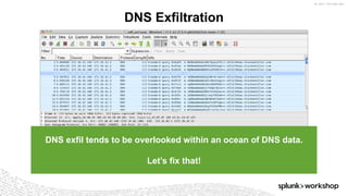 ©	2017	SPLUNK	INC.
DNS exfil tends to be overlooked within an ocean of DNS data.
Let’s fix that!
DNS Exfiltration
 