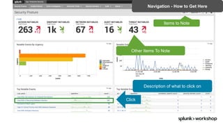 ©	2017	SPLUNK	INC.
Other Items To Note
Items to Note
Navigation - How to Get Here
Description of what to click on
Click
 