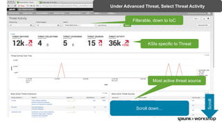 ©	2017	SPLUNK	INC.
Filterable, down to IoC
KSIs specific to Threat
Most active threat source
Scroll down…
Scroll
Under Advanced Threat, Select Threat Activity
 
