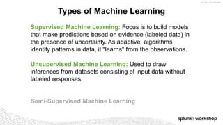 ©	2017	SPLUNK	INC.
Supervised Machine Learning: Focus is to build models
that make predictions based on evidence (labeled data) in
the presence of uncertainty. As adaptive algorithms
identify patterns in data, it "learns" from the observations.
Unsupervised Machine Learning: Used to draw
inferences from datasets consisting of input data without
labeled responses.
Semi-Supervised Machine Learning
Types of Machine Learning
 