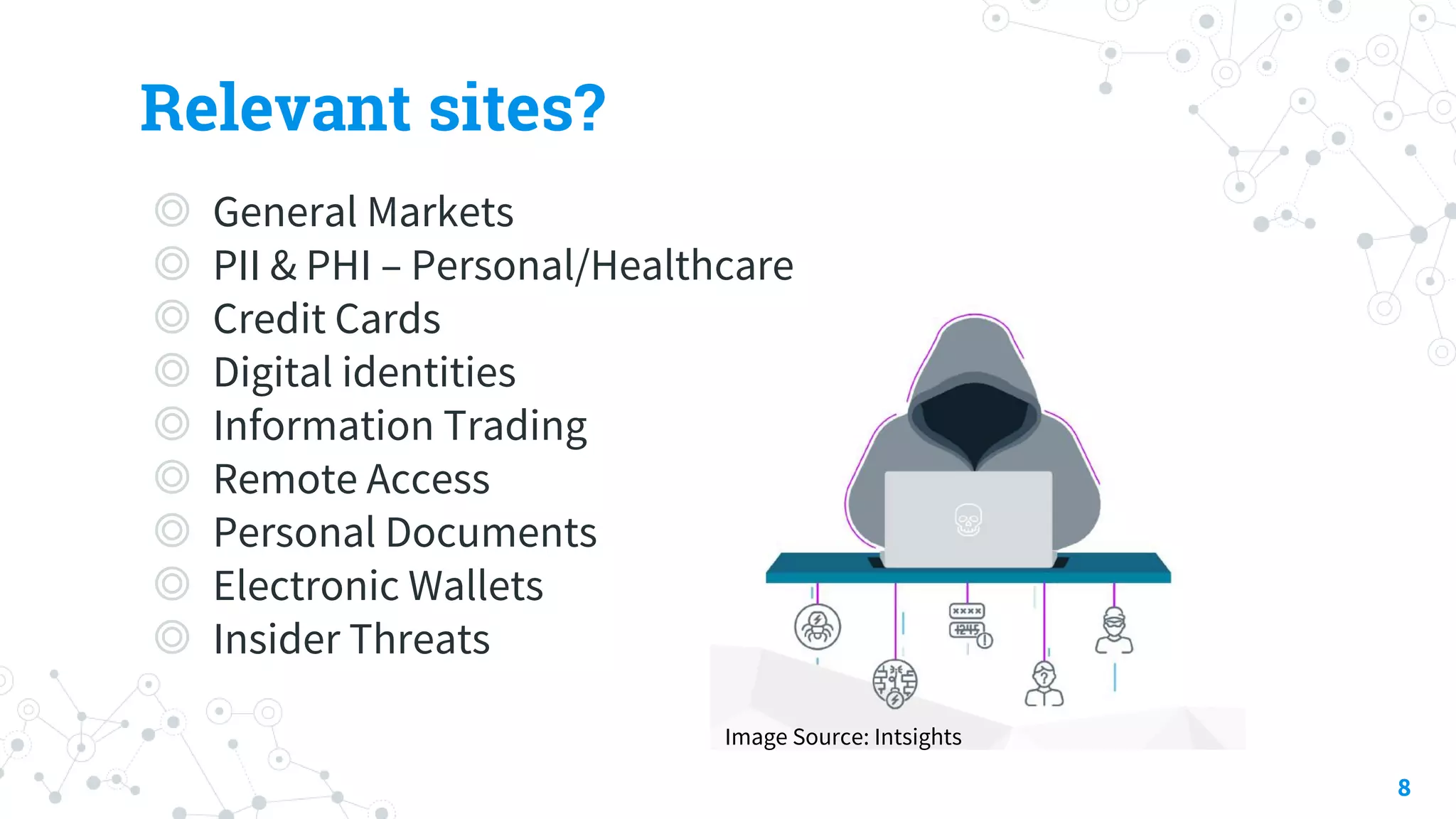 Relevant sites?
◎ General Markets
◎ PII & PHI – Personal/Healthcare
◎ Credit Cards
◎ Digital identities
◎ Information Trading
◎ Remote Access
◎ Personal Documents
◎ Electronic Wallets
◎ Insider Threats
8
Image Source: Intsights
 