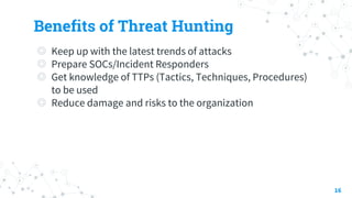 Benefits of Threat Hunting
◎ Keep up with the latest trends of attacks
◎ Prepare SOCs/Incident Responders
◎ Get knowledge of TTPs (Tactics, Techniques, Procedures)
to be used
◎ Reduce damage and risks to the organization
16
 