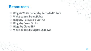 Resources
◎ Blogs & White papers by Recorded Future
◎ White papers by IntSights
◎ Blogs by Palo Alto’s Unit 42
◎ Blogs by CrowdStrike
◎ Blogs by CloudSEK
◎ White papers by Digital Shadows
27
 