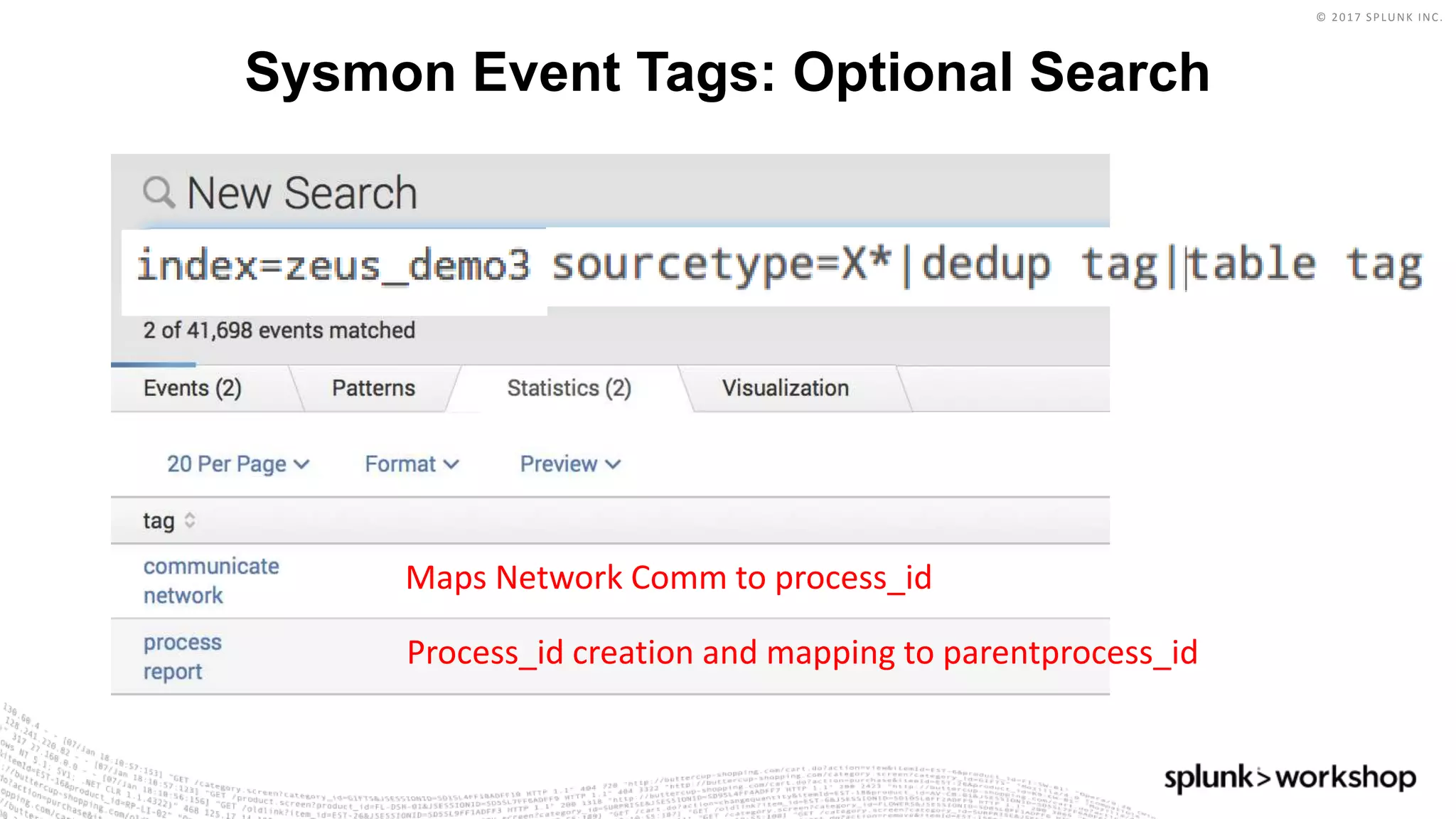 © 2017 SPLUNK INC.
Sysmon Event Tags: Optional Search
Maps Network Comm to process_id
Process_id creation and mapping to parentprocess_id
 