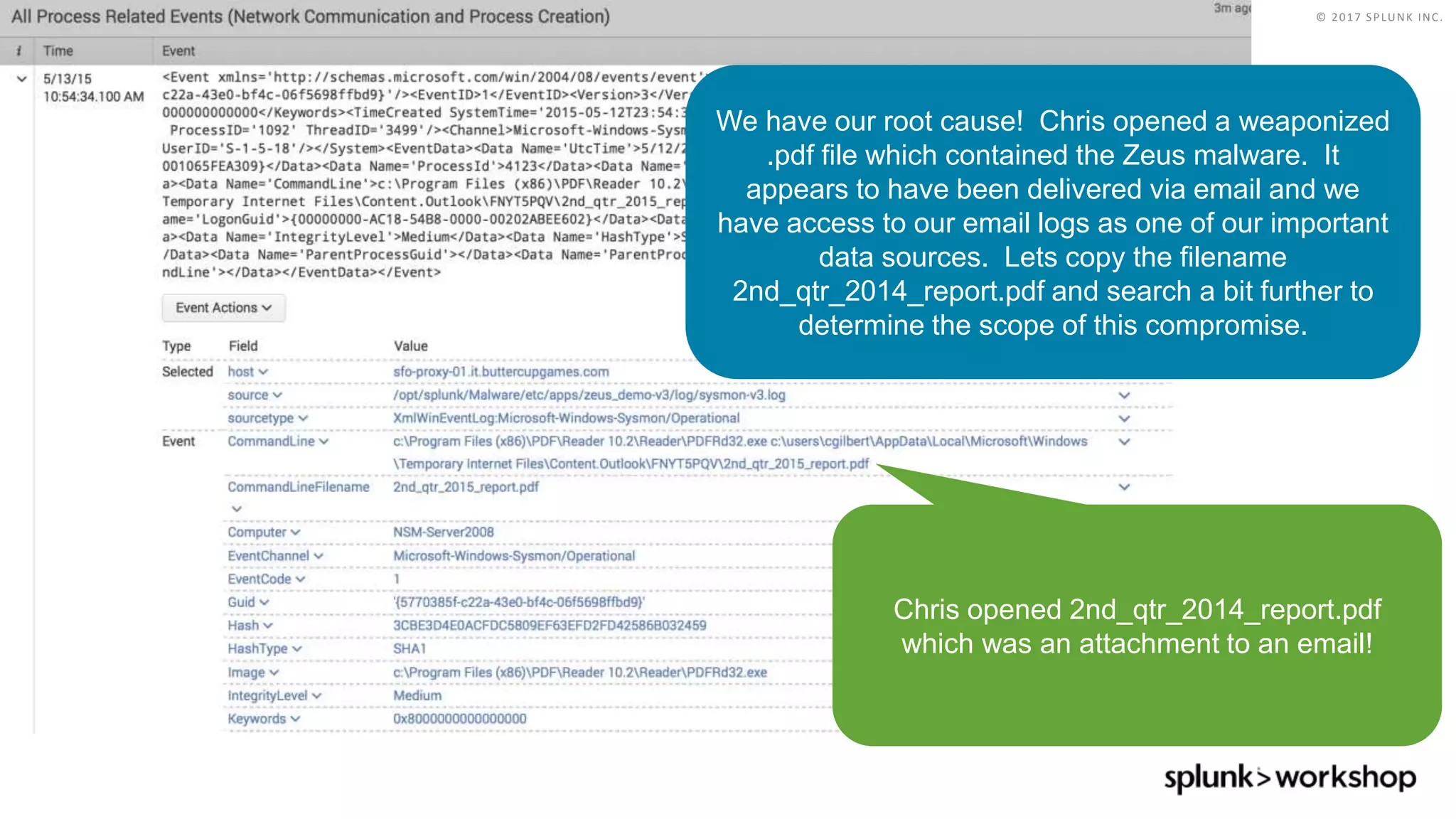 © 2017 SPLUNK INC.
Chris opened 2nd_qtr_2014_report.pdf
which was an attachment to an email!
We have our root cause! Chris opened a weaponized
.pdf file which contained the Zeus malware. It
appears to have been delivered via email and we
have access to our email logs as one of our important
data sources. Lets copy the filename
2nd_qtr_2014_report.pdf and search a bit further to
determine the scope of this compromise.
 
