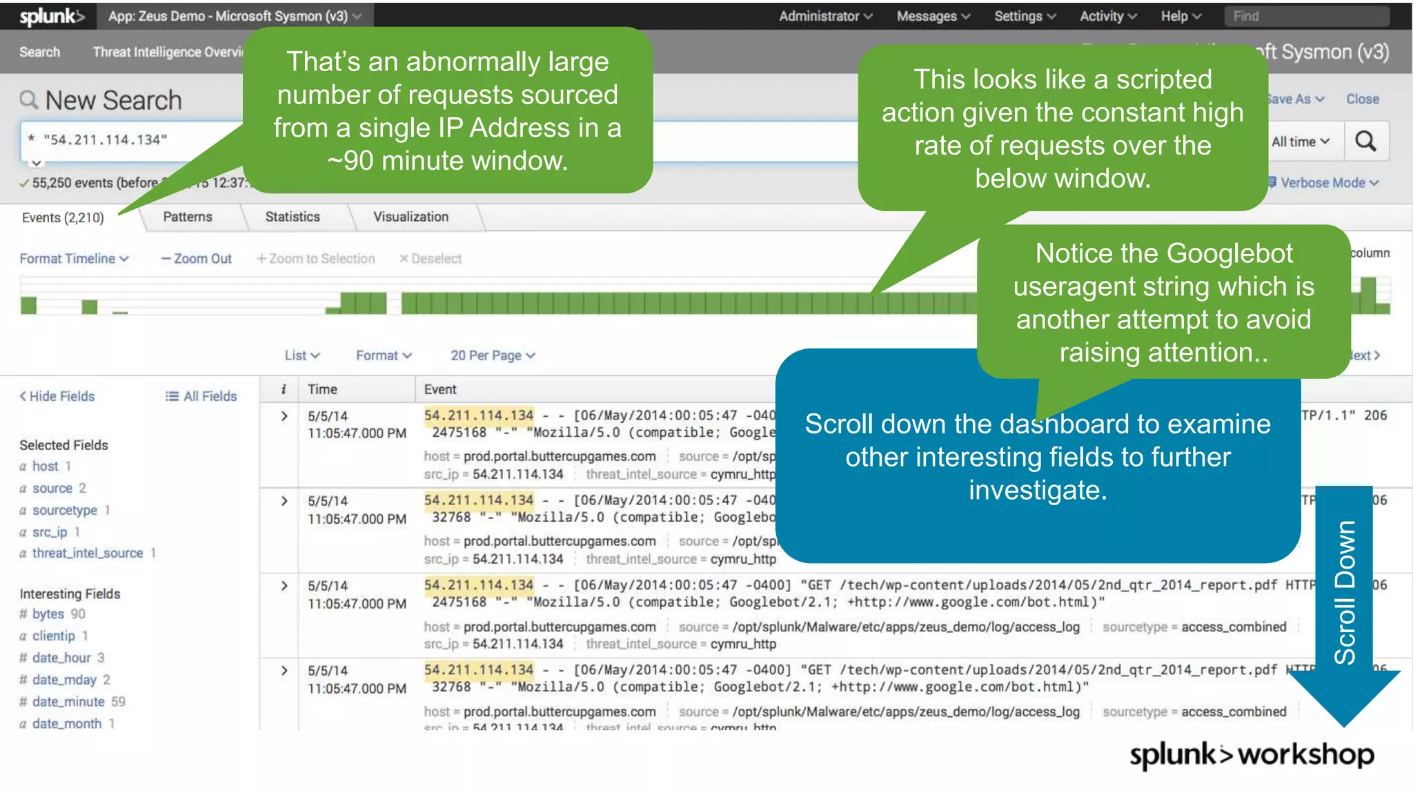 © 2017 SPLUNK INC.
That’s an abnormally large
number of requests sourced
from a single IP Address in a
~90 minute window.
This looks like a scripted
action given the constant high
rate of requests over the
below window.
ScrollDown
Scroll down the dashboard to examine
other interesting fields to further
investigate.
Notice the Googlebot
useragent string which is
another attempt to avoid
raising attention..
 