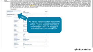 © 2017 SPLUNK INC.
We have a workflow action that will link
us to a Process Explorer dashboard
and populate it with the process id
extracted from the event (4768).
 