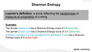 © 2017 SPLUNK INC.
Layman’s definition: a score reflecting the randomness or
measure of uncertainty of a string
▶ Examples
• The domain aaaaa.com has a Shannon Entropy score of 1.8 (very low)
• The domain google.com has a Shannon Entropy score of 2.6 (rather low)
• A00wlkj—(-a.aslkn-C.a.2.sk.esasdfasf1111)-890209uC.4.com has a Shannon
Entropy score of 3 (rather high)
Shannon Entropy
 