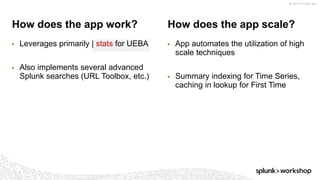 © 2017 SPLUNK INC.
How does the app work? How does the app scale?
▶ Leverages primarily | stats for UEBA
▶ Also implements several advanced
Splunk searches (URL Toolbox, etc.)
▶ App automates the utilization of high
scale techniques
▶ Summary indexing for Time Series,
caching in lookup for First Time
 