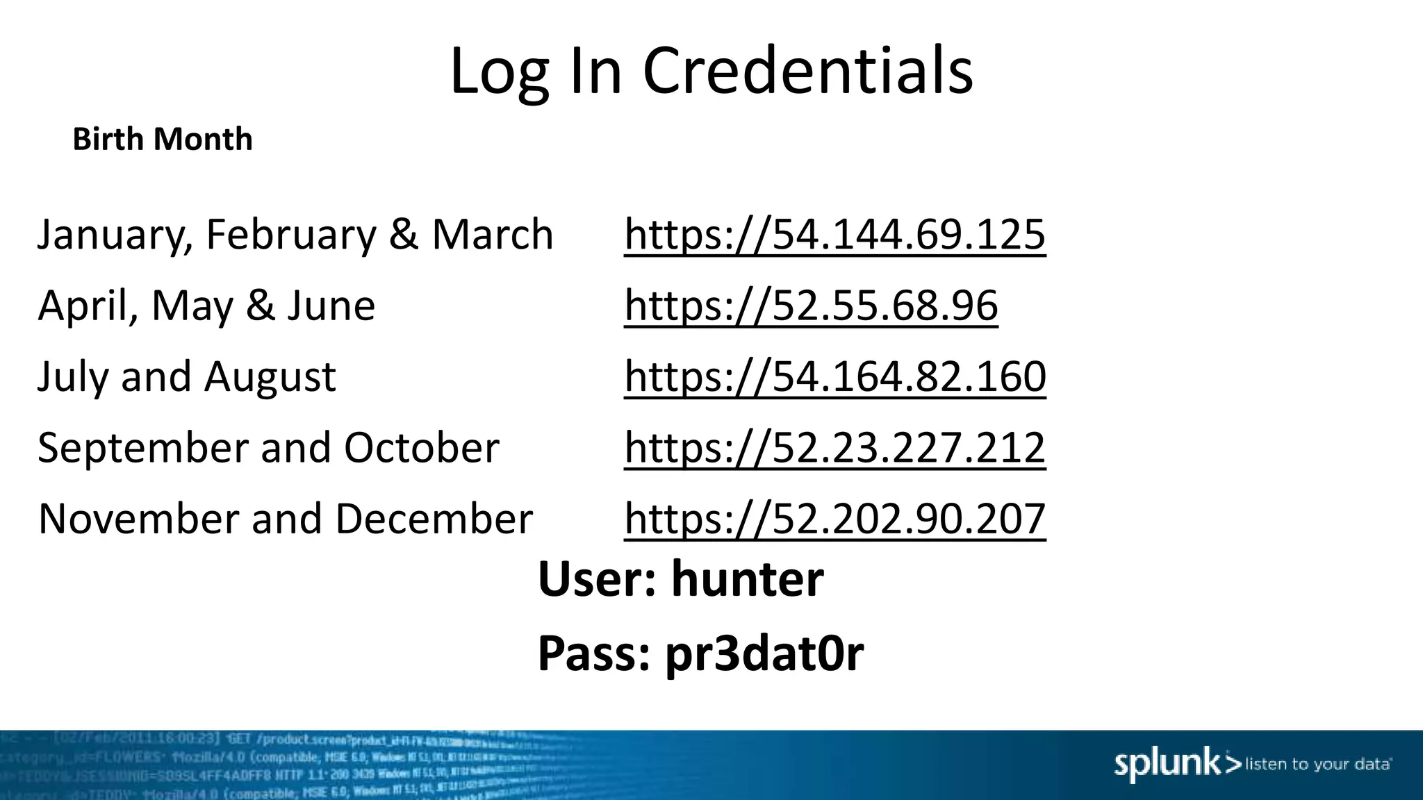 Log In Credentials
January, February & March https://54.144.69.125
April, May & June https://52.55.68.96
July and August https://54.164.82.160
September and October https://52.23.227.212
November and December https://52.202.90.207
User: hunter
Pass: pr3dat0r
Birth Month
 