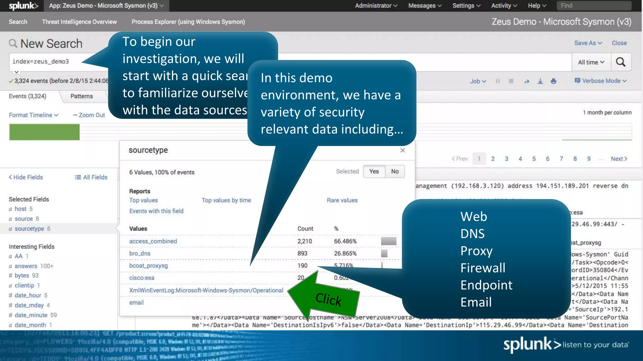 To begin our
investigation, we will
start with a quick search
to familiarize ourselves
with the data sources.
In this demo
environment, we have a
variety of security
relevant data including…
Web
DNS
Proxy
Firewall
Endpoint
Email
 
