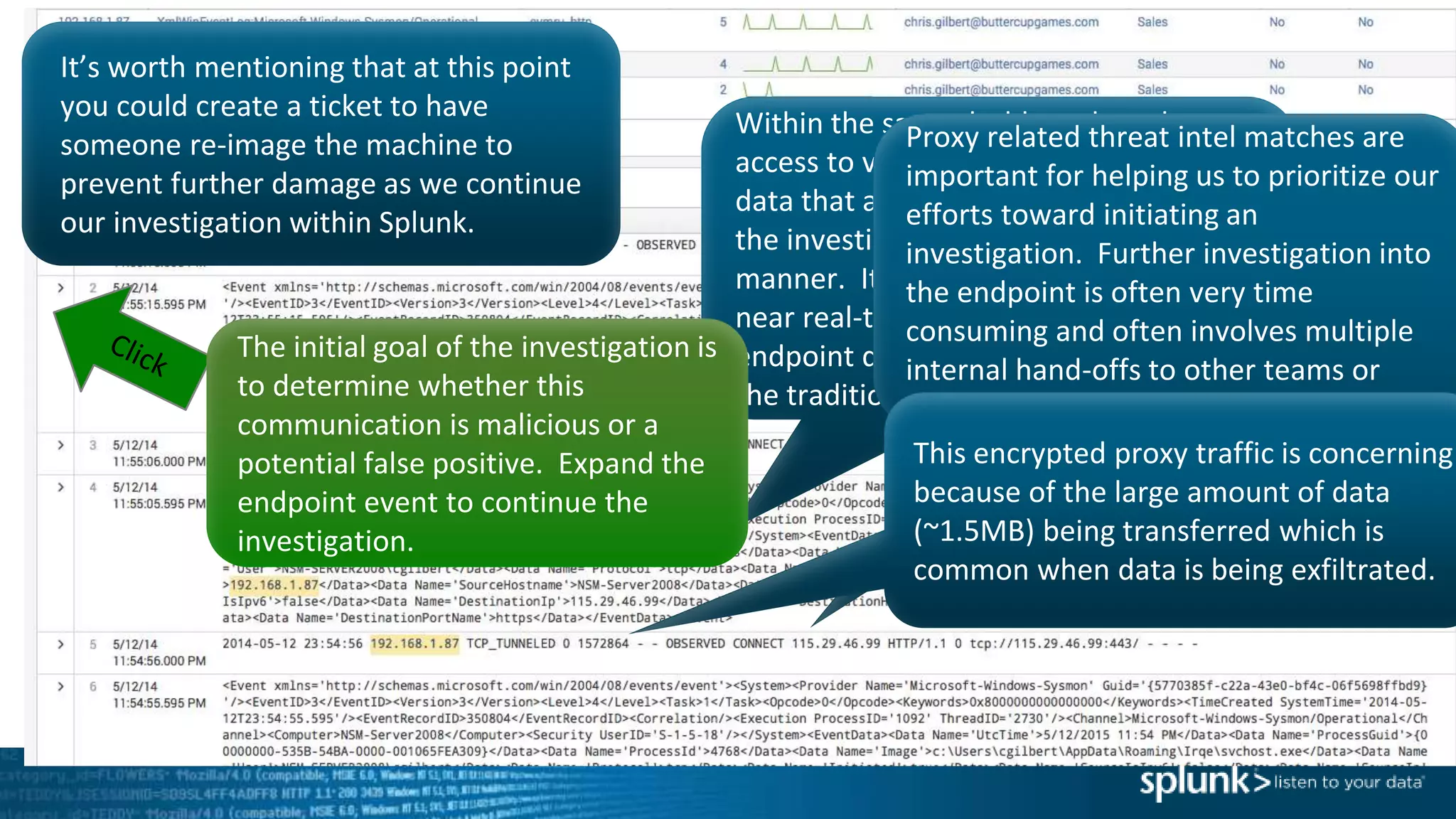 It’s worth mentioning that at this point
you could create a ticket to have
someone re-image the machine to
prevent further damage as we continue
our investigation within Splunk.
Within the same dashboard, we have
access to very high fidelity endpoint
data that allows an analyst to continue
the investigation in a very efficient
manner. It is important to note that
near real-time access to this type of
endpoint data is not not common within
the traditional SOC.
The initial goal of the investigation is
to determine whether this
communication is malicious or a
potential false positive. Expand the
endpoint event to continue the
investigation.
Proxy related threat intel matches are
important for helping us to prioritize our
efforts toward initiating an
investigation. Further investigation into
the endpoint is often very time
consuming and often involves multiple
internal hand-offs to other teams or
needing to access additional systems.
This encrypted proxy traffic is concerning
because of the large amount of data
(~1.5MB) being transferred which is
common when data is being exfiltrated.
 