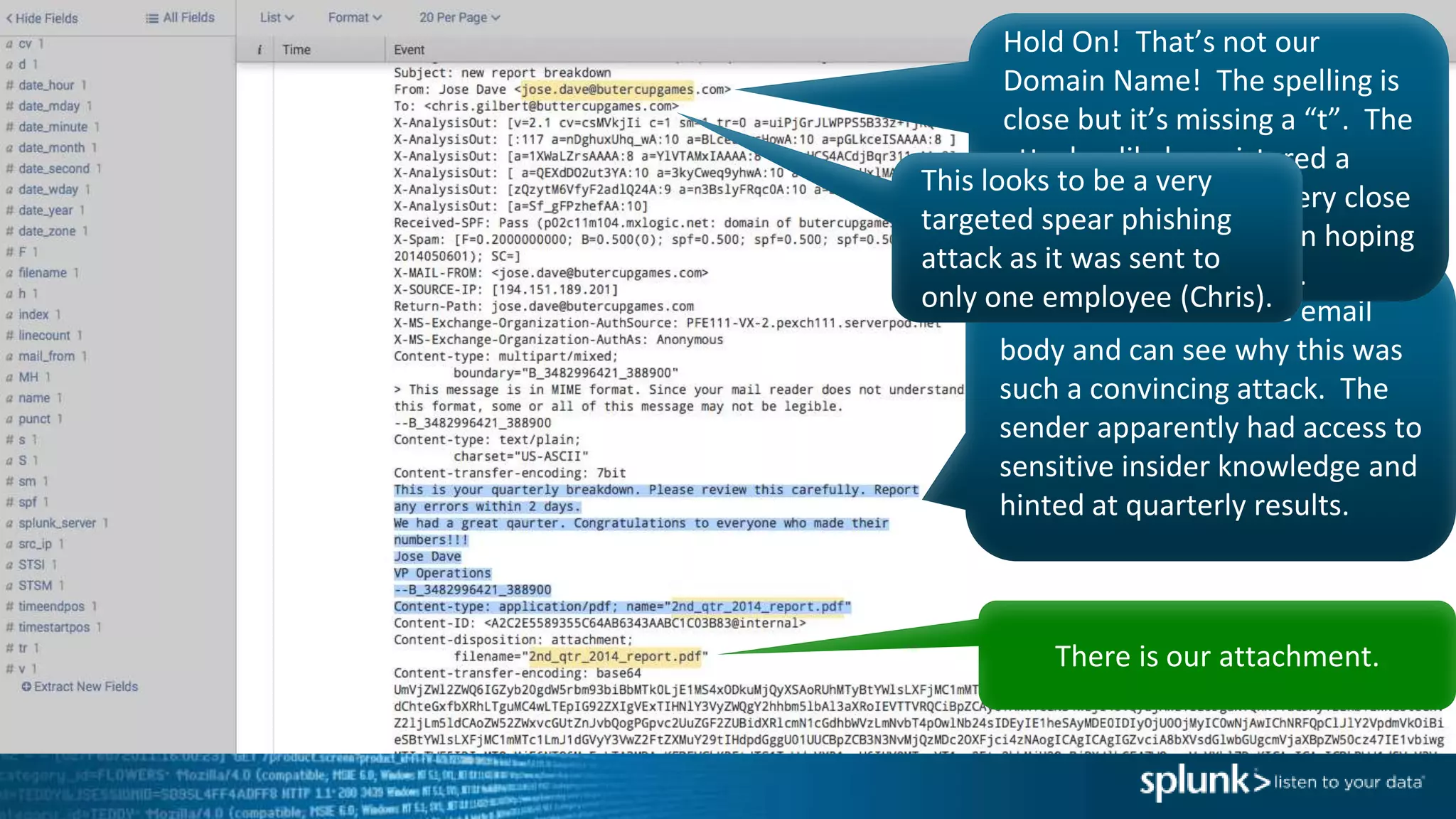 We have access to the email
body and can see why this was
such a convincing attack. The
sender apparently had access to
sensitive insider knowledge and
hinted at quarterly results.
There is our attachment.
Hold On! That’s not our
Domain Name! The spelling is
close but it’s missing a “t”. The
attacker likely registered a
domain name that is very close
to the company domain hoping
Chris would not notice.
This looks to be a very
targeted spear phishing
attack as it was sent to
only one employee (Chris).
 
