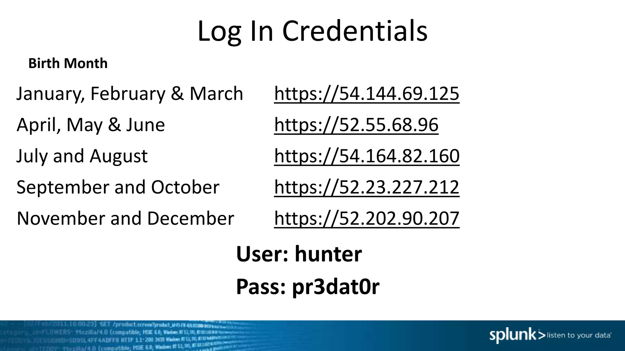 Log In Credentials
January, February & March https://54.144.69.125
April, May & June https://52.55.68.96
July and August https://54.164.82.160
September and October https://52.23.227.212
November and December https://52.202.90.207
User: hunter
Pass: pr3dat0r
Birth Month
 