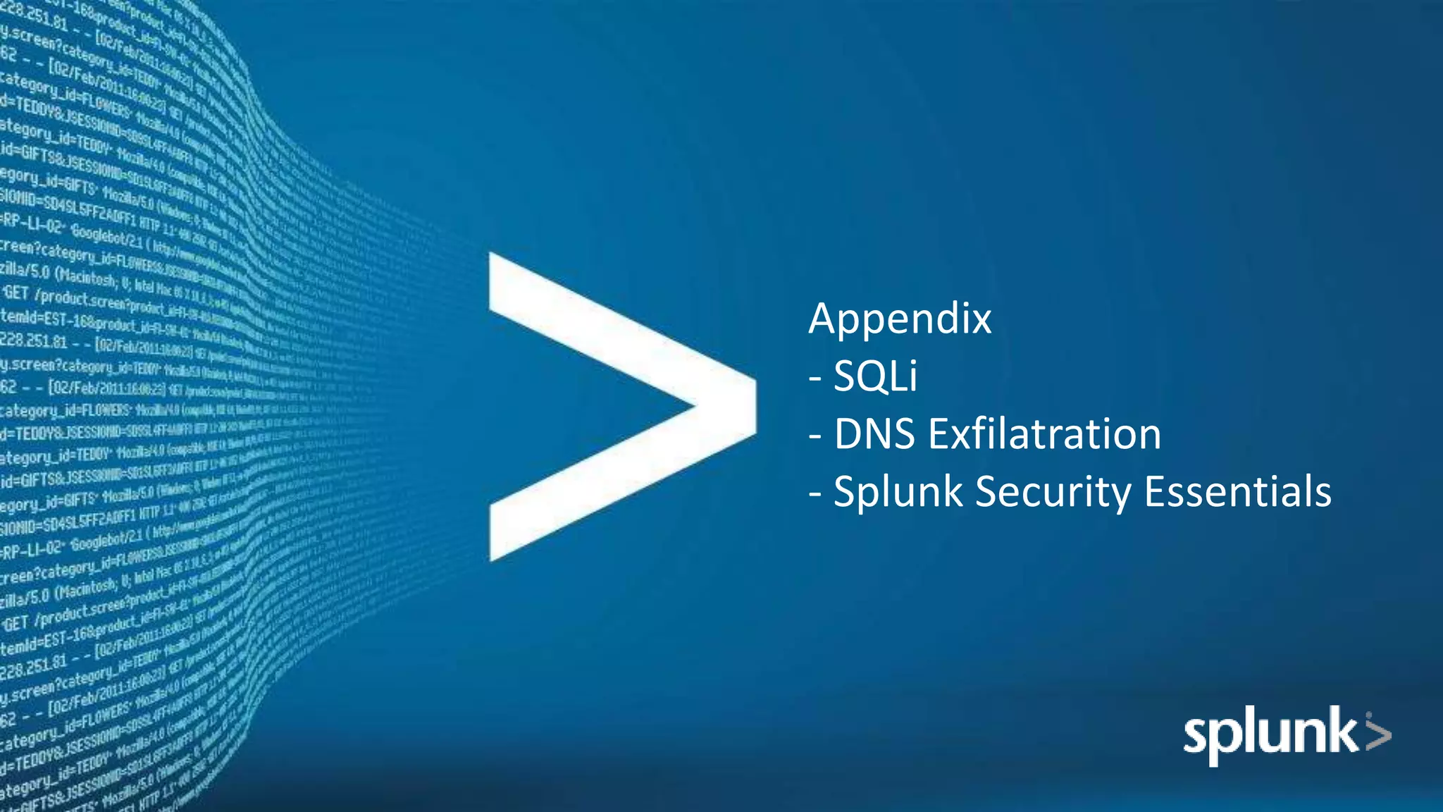 Appendix
- SQLi
- DNS Exfilatration
- Splunk Security Essentials
 