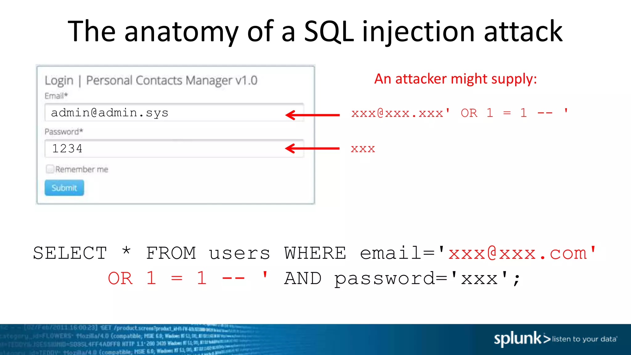 The anatomy of a SQL injection attack
SELECT * FROM users WHERE email='xxx@xxx.com'
OR 1 = 1 -- ' AND password='xxx';
xxx@xxx.xxx' OR 1 = 1 -- '
xxx
admin@admin.sys
1234
An attacker might supply:
 