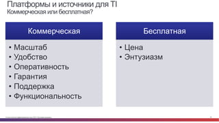 © Cisco и(или) ее аффилированные лица, 2014 г. Все права защищены. 33
Платформы и источники для TI
Коммерческая или бесплатная?
Коммерческая
•  Масштаб
•  Удобство
•  Оперативность
•  Гарантия
•  Поддержка
•  Функциональность
Бесплатная
•  Цена
•  Энтузиазм
 