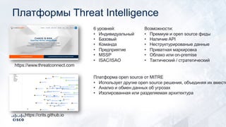 Платформы Threat Intelligence
https://www.threatconnect.com
6 уровней:
• Индивидуальный
• Базовый
• Команда
• Предприятие
• MSSP
• ISAC/ISAO
Возможности:
• Премиум и open source фиды
• Наличие API
• Неструктурированые данные
• Приватная маркировка
• Облако или on-premise
• Тактический / стратегический
https://crits.github.io
Платформа open source от MITRE
• Использует другие open source решения, объединяя их вместе
• Анализ и обмен данных об угрозах
• Изолированная или разделяемая архитектура
 