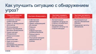 Как улучшить ситуацию с обнаружением
угроз?
5
Повысить качество
обнаружения
• Снижение ложных
срабатываний
• Сдвиг от обнаружения
эксплойтов
• Использование
разных поставщиков
методов обнаружения
• Новые методы
обнаружения
• Новые источники
данных
• Ретроспектива
• Один источник –
несколько
инструментов анализа
(IDS, SIEM, IOC)
Быстрее обнаруживать
• Собственная
лаборатория
• Обмен информацией
об угрозах
• Ловушки
• Анализ
инфраструктуры
злоумышленников
• Разные места
установки
• Улучшение методов
уведомления об
угрозах
Быстрее создавать
методы обнаружения
• Автоматизация
создания сигнатур на
стороне потребителя
• Автоматизация
создания сигнатур на
стороне вендора
Быстрее доставлять
методы обнаружения
• Распределенные
центры обновлений
(облака)
• Изменение частоты
обновления
 