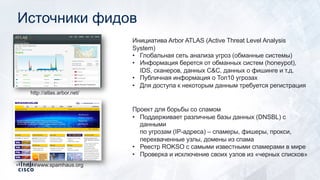 Источники фидов
http://atlas.arbor.net/
Инициатива Arbor ATLAS (Active Threat Level Analysis
System)
• Глобальная сеть анализа угроз (обманные системы)
• Информация берется от обманных систем (honeypot),
IDS, сканеров, данных C&C, данных о фишинге и т.д.
• Публичная информация о Топ10 угрозах
• Для доступа к некоторым данным требуется регистрация
http://www.spamhaus.org
Проект для борьбы со спамом
• Поддерживает различные базы данных (DNSBL) с
данными
по угрозам (IP-адреса) – спамеры, фишеры, прокси,
перехваченные узлы, домены из спама
• Реестр ROKSO с самыми известными спамерами в мире
• Проверка и исключение своих узлов из «черных списков»
 