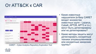 От ATT&CK к CAR
• Какие известные
нарушители (в базу CARET
входит множество
известных групп - Lazarus,
Cobalt, APT28, APT3 и т.п.)
могут быть детектированы
или не детектированы?
• Какие методы защиты могут
детектировать конкретные
техники злоумышленников
или конкретные хакерские
группы?CARET – Cyber Analytics Repository Exploration Tool
 