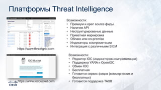Платформы Threat Intelligence
https://www.threatgrid.com
Возможности:
• Премиум и open source фиды
• Наличие API
• Неструк...