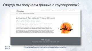 Откуда мы получаем данные о группировках?
https://www.fireeye.com/current-threats/apt-groups.html
 